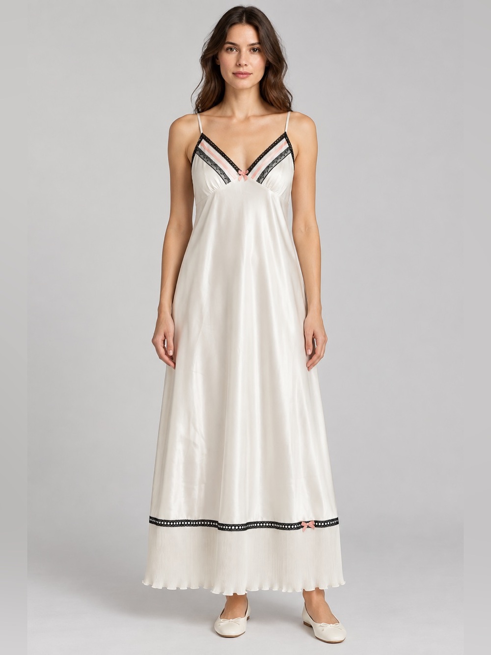 Ivory Satin Slip Nightgown Medium Black Lace Pink Bow Coquette Pleated Hem